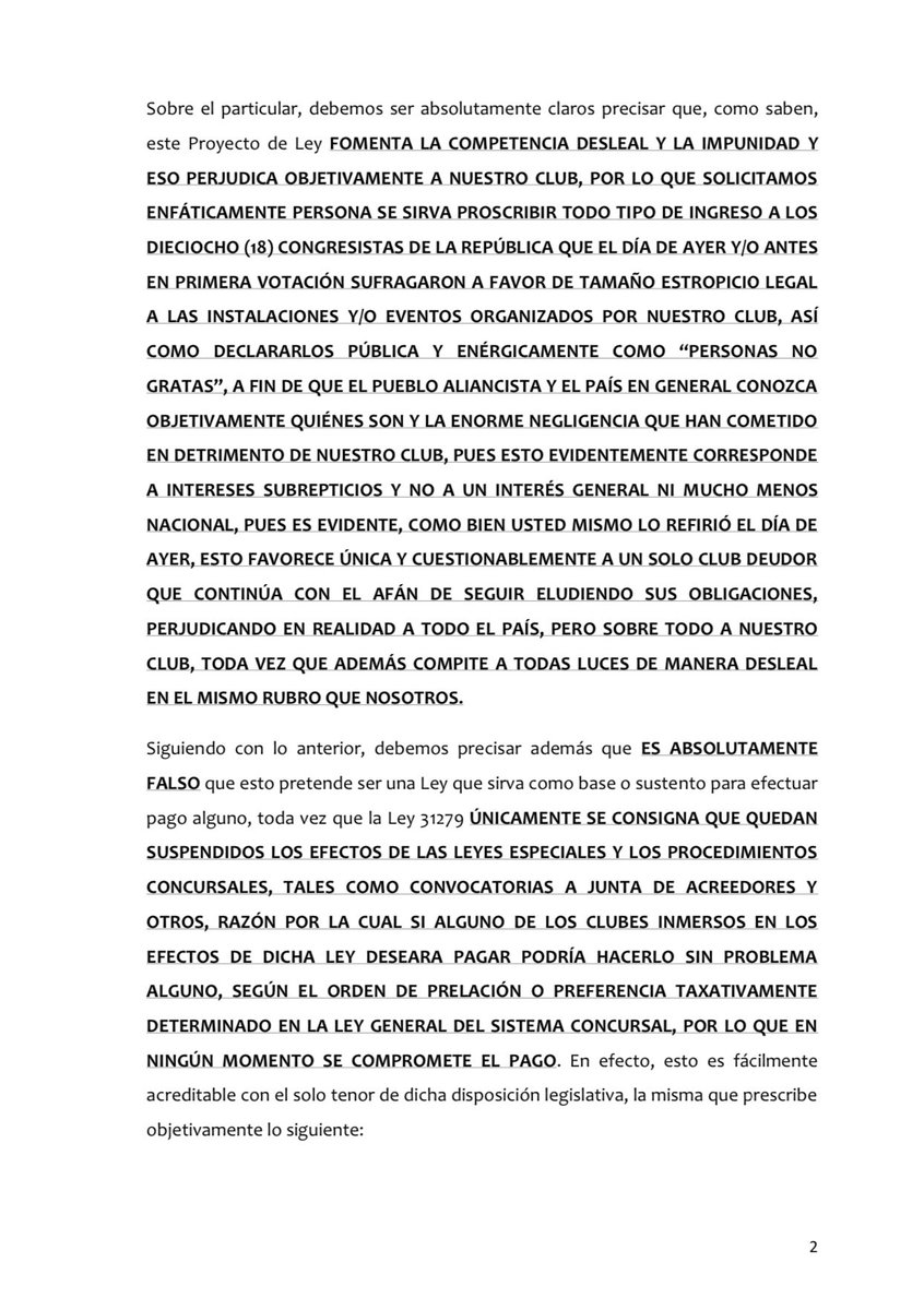 SociosAL1901's tweet photo. #CartaNotarial

Hoy nuestro colectivo, a través de nuestro representante común @JulioALonso1901, diligenció una carta notarial dirigida al Gerente General del @ClubALoficial, mediante la cual solicitamos se le impida el ingreso a las instalaciones del club, y cualquier evento que este organice, a los 18 congresistas que votaron a favor del proyecto de #LeyPerroMuerto y se les declare públicamente como personas no gratas por haber traicionado a todo el pueblo aliancista e ir en contra de los intereses de la institución.

Ustedes son nuestros enemigos señores @arturoalegriag @RosselliAmuruz @A_Aguinaga @EduCastilloR_ @VictorFloresrz @TelaBarba @salhuanacavides @LadyCamones @maryacunape @kellyportalati2 @AlanocaIsaac @MontalvoCubasPE @KiraAlcarraz @wilsonsotop @alex_paredes_g @DiegoBazanC1 @LucindaVasquezV @josejeriore 

Contra nuestro club, nadie.

#AlianzaSeRespeta
#AlianzaSeDefiende
#NoALaLeyPerroMuerto 

Hilo de imágenes 🧵