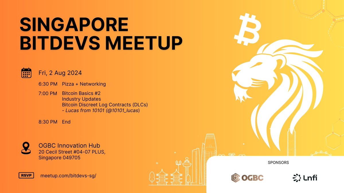 sgbitdevs's tweet photo. SG #Bitcoiners, it's time for the next meetup!

Join us for a dive-deep session with Lucas from @get10101 sharing his insights on #Bitcoin DLCs.

RSVP https://t.co/mFjG65gocU if you are coming, so we don't over-order pizza🍕!

Join our Telegram: https://t.co/k9MotxsLcK https://t.co/GR4QwXru8Q