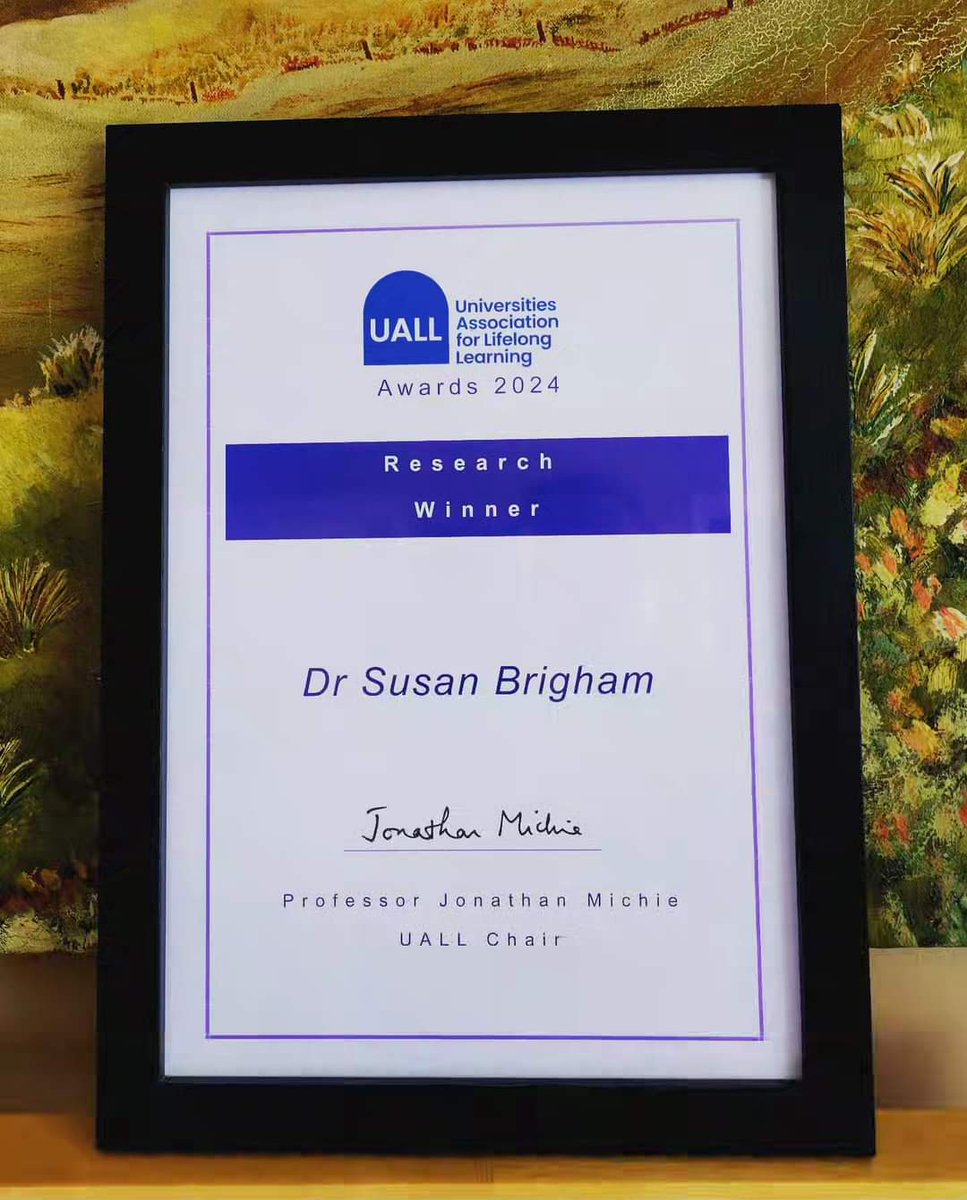 SueBrigham2's tweet photo. A lovely surprise awarded last week at the University of London, England, at the "Thinking Globally, Acting Locally for Lifelong Learning" Conference. Thank you, Universities Association for Lifelong Learning for this international recognition🙏🏽😊🇬🇧 #SCUTREA #UALL @ResearchMSVU https://t.co/TbRKOKn8uN