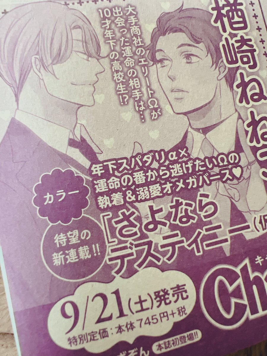 もうキャラセレ届いた〜!月曜発売です!
予告載っておりますよ😊
9月発売号から新連載でオメガバースです‼️運命の番のお話だよ 