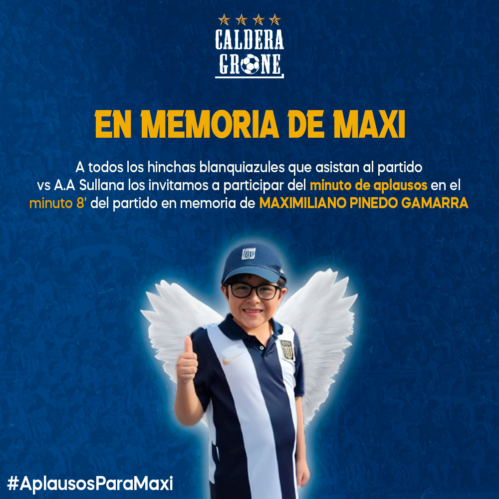 cALderaGrone's tweet photo. EN MEMORIA DE MAXI

El el minuto 8' del partido, los invitamos a ponernos de pie para aplaudir al pequeño Maximiliano que partió al cielo siendo un gran hincha aliancista. 

A todos los Aliancistas agredecemos su difusión para que pueda llegar a más personas. ¡Arriba Alianza!💙🤍 https://t.co/Mt0t9EfPJN