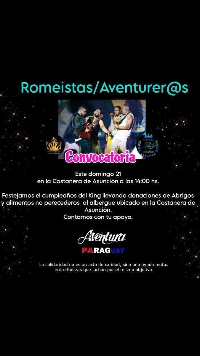 Segunda convocatoria y esta vez festejamos el cumpleaños del King..!!!
Veni con la mejor buena onda para pasar una tarde genial y además realizando una actividad solidaria...en el albergue de la Costanera de Asunción..!!

Te esperamos...😍🥳🇵🇾
💙💛
