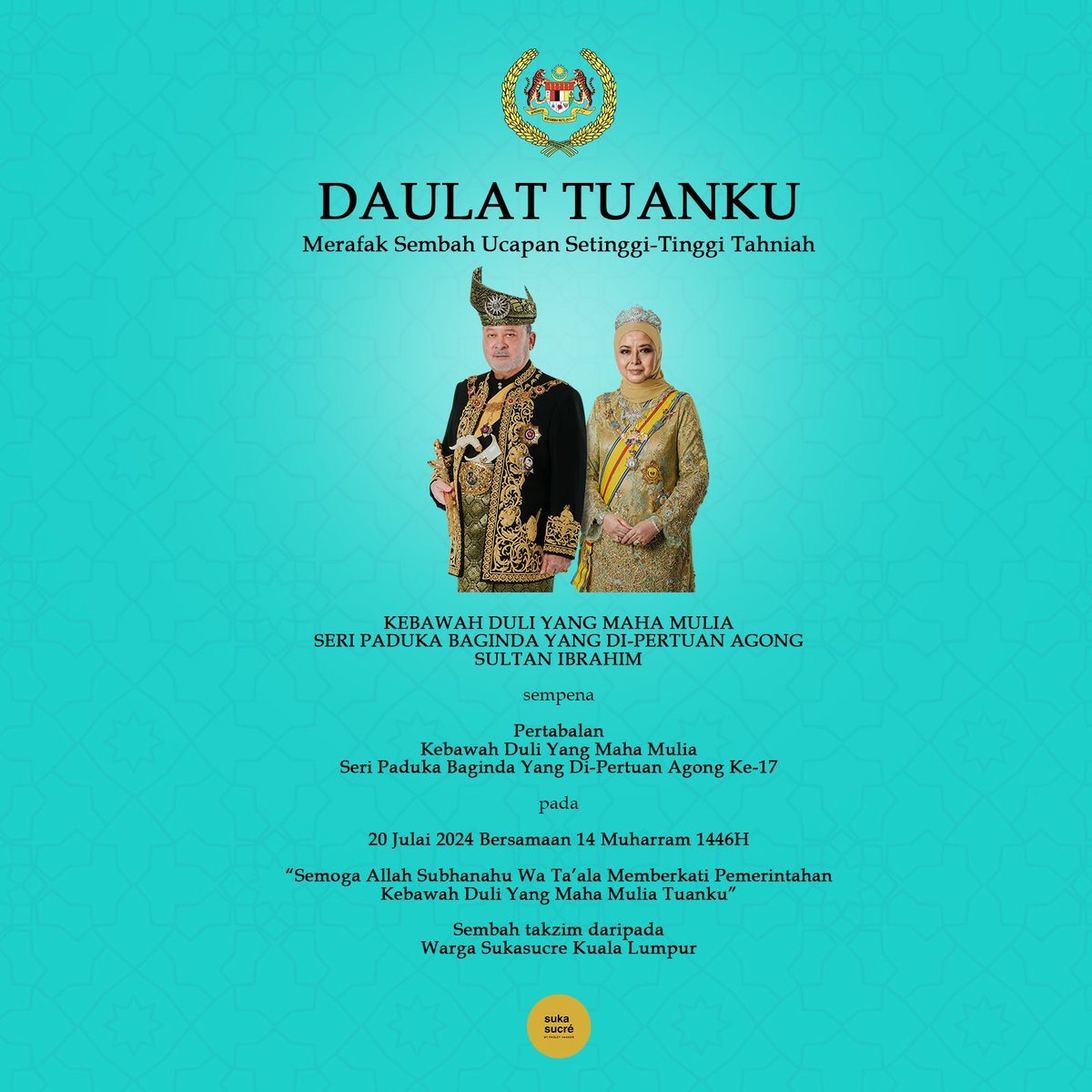 DAULAT TUANKU

Merafak sembah ucapan setinggi-tinggi tahniah Kebawah Duli Yang Maha Mulia Seri Paduka Baginda Yang Di-Pertuan Agong Sultan Ibrahim sempena Pertabalan Kebawah Duli Yang Maha Mulia Seri Paduka Baginda Yang Di-Pertuan Agong ke-17.