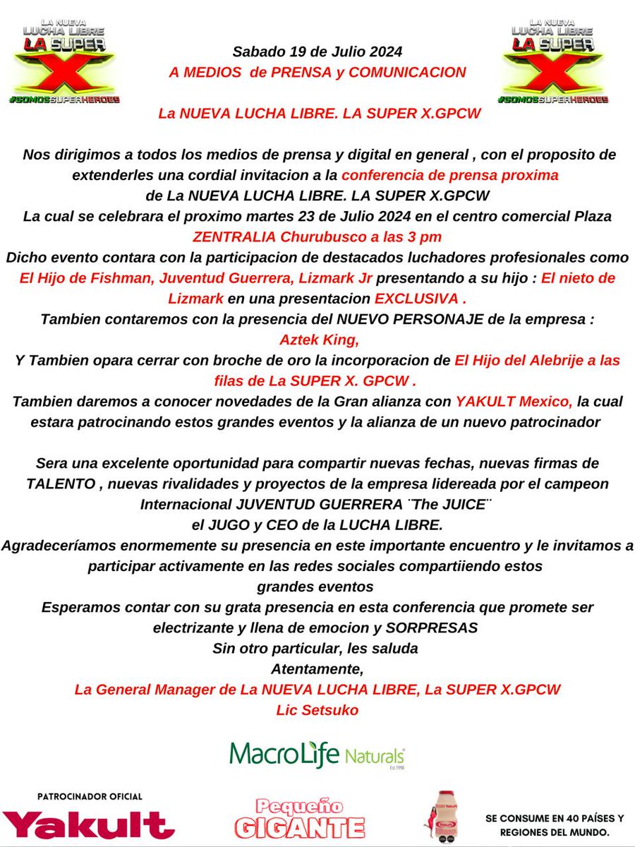 Sabado 19 de Julio 2024
MEDIOS  de PRENSA y COMUNICACION

 Nos dirigimos a todos los medios de prensa y digital en general , con el proposito de extenderles una cordial invitacion a la conferencia de prensa proxima 
<a href="/LaArenaTV/">TV SHOW LA ARENA📺 The JUICY PODCAST🍊</a> <a href="/JUVENTUDGUERRE2/">#ElCEOdeLaLuchaLibre</a>