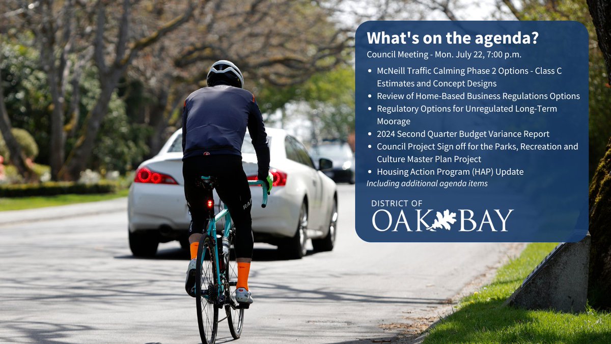 DistrictOakBay's tweet photo. The agenda is live for Monday's Council meeting at 7 p.m. at Municipal Hall Council Chambers.

🔗 See the full agenda and join the live stream on Monday by visiting https://t.co/3C42QfMREM https://t.co/5ROrsT0hZS