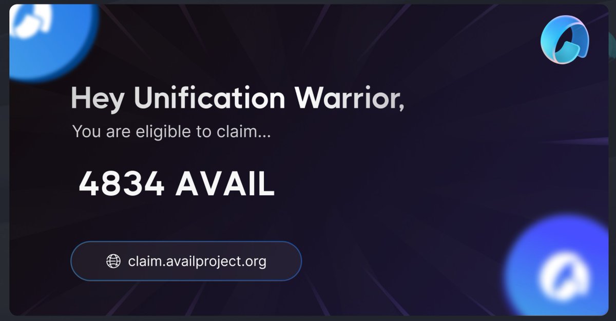 Herkese Gün Aydin olsun 🌞

Bende birkac tane bu tarzda $AVAIL cüzdan var.Umarim herkes icin bereketli olur.

🔗claim.availproject.org/share/WALLETAD…

Wallett Adresi yazan kisma kendi cüzdan adresini yazarak kac adet aldigini kontrol edebilirsin.

Henüz pek detay yok fakat her halükarda 0.2