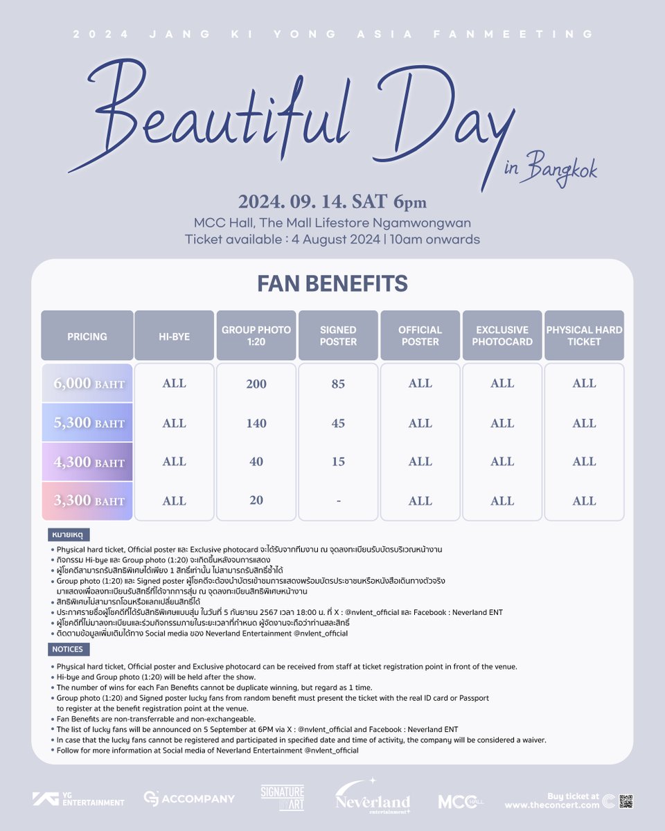 nvlent_official's tweet photo. ประกาศผังที่นั่งและสิทธิพิเศษ งาน 2024 JANG KI YONG ASIA FANMEETING <Beautiful Day> IN BANGKOK

🗓️14 ก.ย. 67 | 18:00 น.
📍MCC Hall เดอะมอลล์ไลฟ์สโตร์ งามวงศ์วาน
🎫 บัตรราคา 6,000 / 5,300 / 4,300 / 3,300 บาท
🔗 จำหน่ายบัตร 4  ส.ค. 67 | 10:00 น. เป็นต้นไป ทาง https://t.co/01MeWu1euE

--------------

Seating plan and Fan Benefits for 2024 JANG KI YONG ASIA FANMEETING <Beautiful Day> IN BANGKOK

🗓️September 14, 2024 | 6PM
📍MCC Hall , The Mall Lifestore Ngamwongwan
🎫 Ticket price 6,000 / 5,300 / 4,300 / 3,300 THB
🔗 Ticket on sale 4 Aug 24 | 10AM onwards via https://t.co/01MeWu1euE

#BEAUTIFULDAY #fanmeeting
#JANGKIYONG #장기용 #팬미팅
#YG #YGSTAGE #ACCOMPANY
#signaturebyart #NEVERLAND_ENT