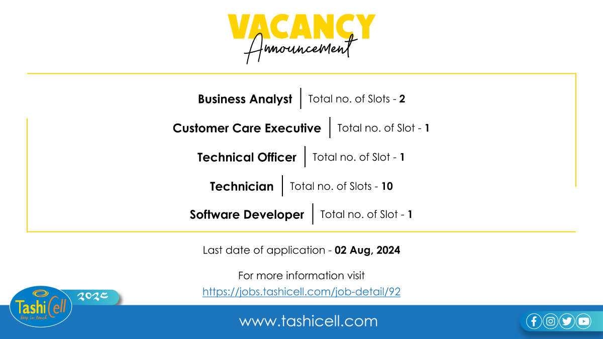 TashiCell's tweet photo. TashiCell is delighted to announce vacancy for the following posts:

Business Analyst - 2
Software Developer - 1
Customer Care Executive - 1
Technical Officer - 1
Technician - 10

For more information and to apply visit the link given below.
https://t.co/eMvnwA4fSx https://t.co/asfdT6MBSw