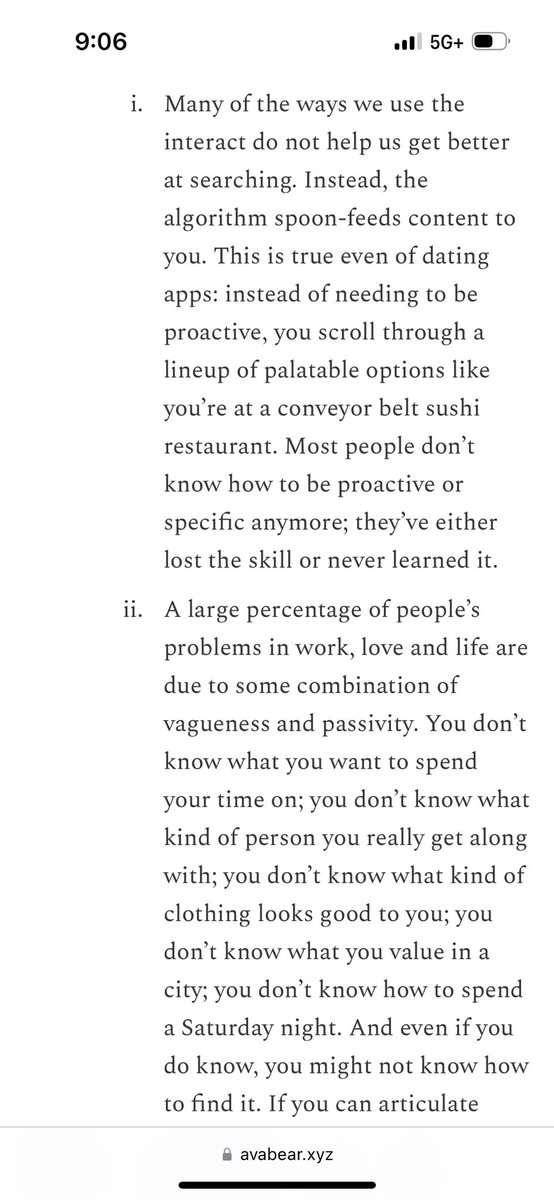 noampomsky's tweet photo. “A large percentage of people’s problems in work, love and life are due to some combination of vagueness and passivity. You don’t know what you want to spend your time on; you don’t know what kind of person you really get along with; you don’t know what kind of clothing looks good to you. And even if you do know, you might not know how to find it.”