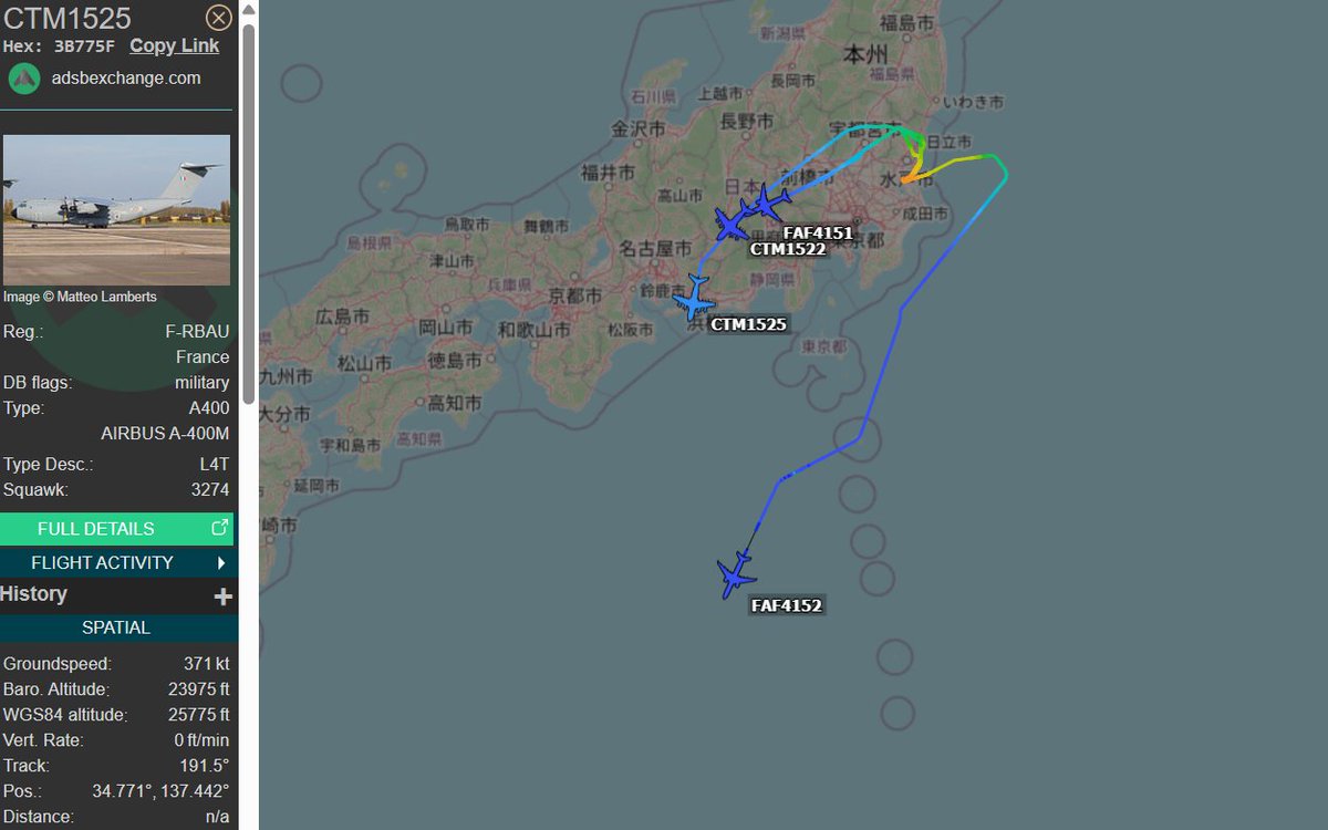 vcdgf555's tweet photo. Lotta French mil over 🇯🇵 Japan right now.

🇫🇷 CTM1522 is A400M F-RBAV / 0130  #3B775E
🇫🇷 CTM1525 is A400M F-RBAU / 0127 #3B775F
🇫🇷 FAF4151 is A330 MRTT F-UJCR / 069 #3B7563
🇫🇷 FAF4152 is A330 MRTT F-UJCN / 048 #3B7567 https://t.co/v3rynnt0IR