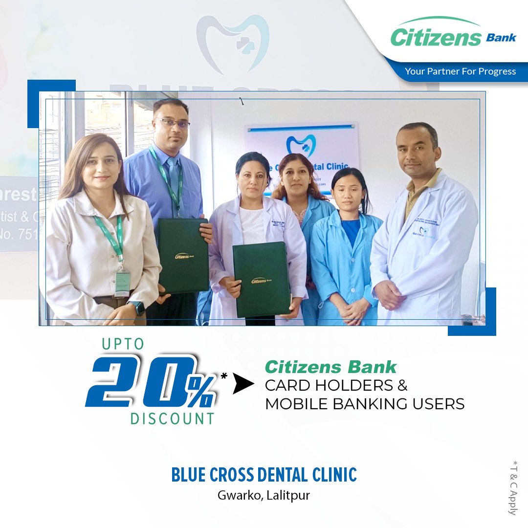 CitizensBankIn1's tweet photo. Citizens Bank debit/credit card holders and mobile banking users 𝐆𝐞𝐭 𝐮𝐩 𝐭𝐨 20% 𝗗𝗶𝘀𝗰𝗼𝘂𝗻𝘁 𝗮𝘁 Blue Cross Dental Clinic.
Gwarko, Lalitpur
#citizensbank #yourpartnerforprogress #ctznprogress https://t.co/0e2lmP51Aa