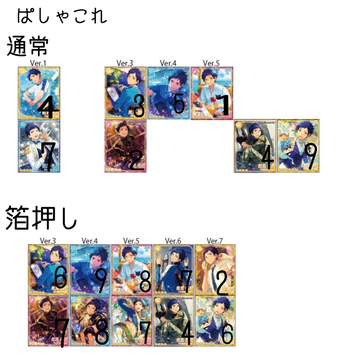 gonta_1108's tweet photo. ꒰参考꒱RP不要
あんスタ 紙類 伏見弓弦

紙類で異種交換する際の求めている枚数になります。当方にお声掛けする時の参考にしていただけたら幸いです。 https://t.co/Z0V56E2bca