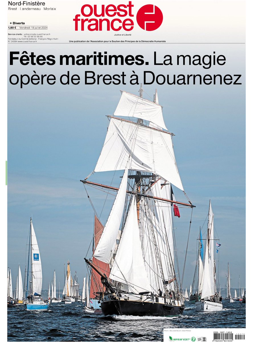 📰 Hier en Une de <a href="/OuestFrance29/">Ouest-France 29</a>, la grande parade de Brest a Douarnenez des bateaux des fêtes maritimes de Brest 2024