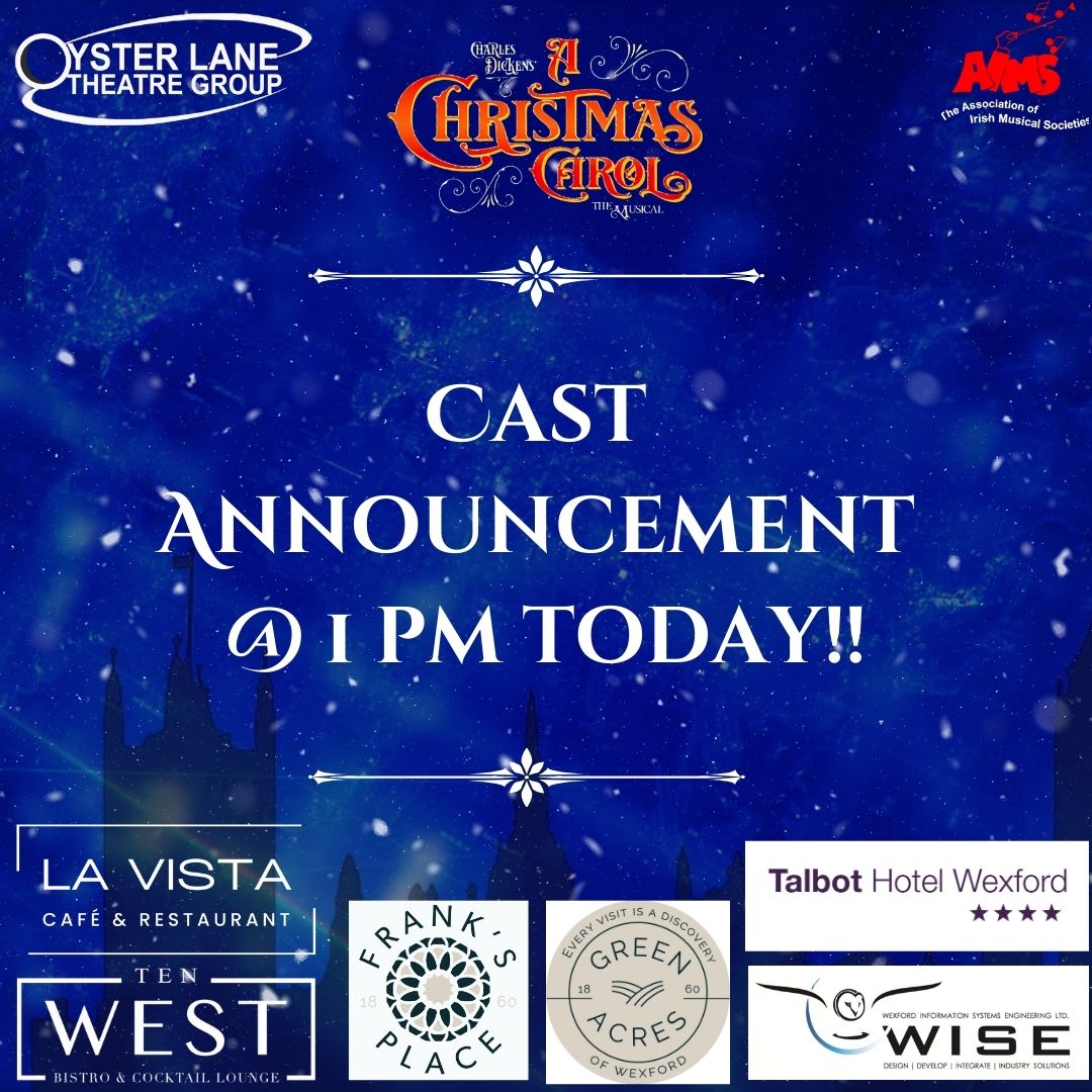 Tune in at 1pm for the announcement of our Cast for ' A Christmas Carol-the Musical'...🌲

#oysterlanetheatregroup #godblessuseveryone #achristmascarolthemusical #30thanniversary