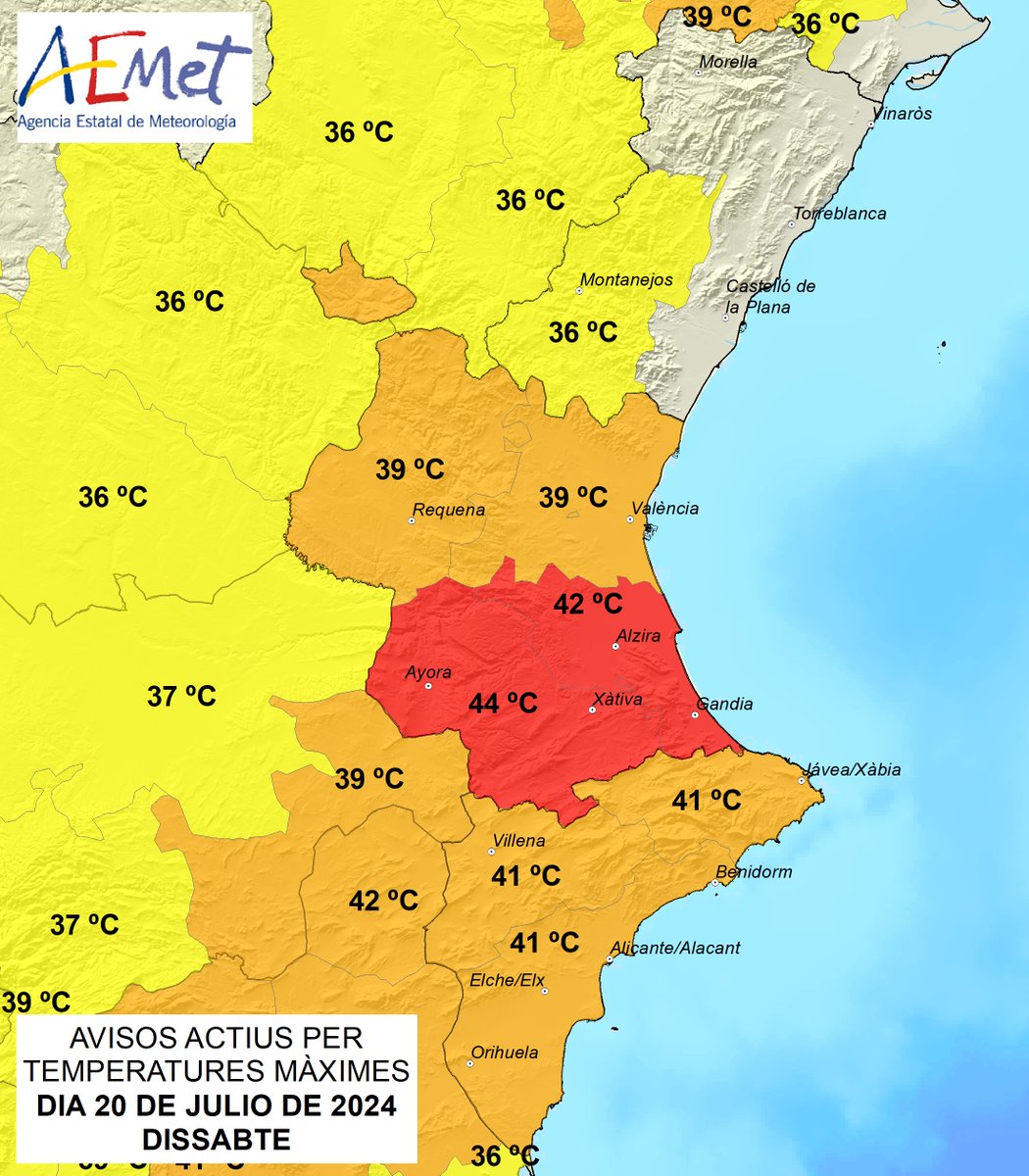 AEMET_CValencia's tweet photo. Avisos actius per temperaturatures màximes.
Dia 20 de juliol de 2024.
Dissabte.
Nivell màxim ROIG.
En els litorals les temperatures seran un poc més baixes que a l'interior i prelitoral.
https://t.co/RHiakVxYIx https://t.co/ncETZYLAWR