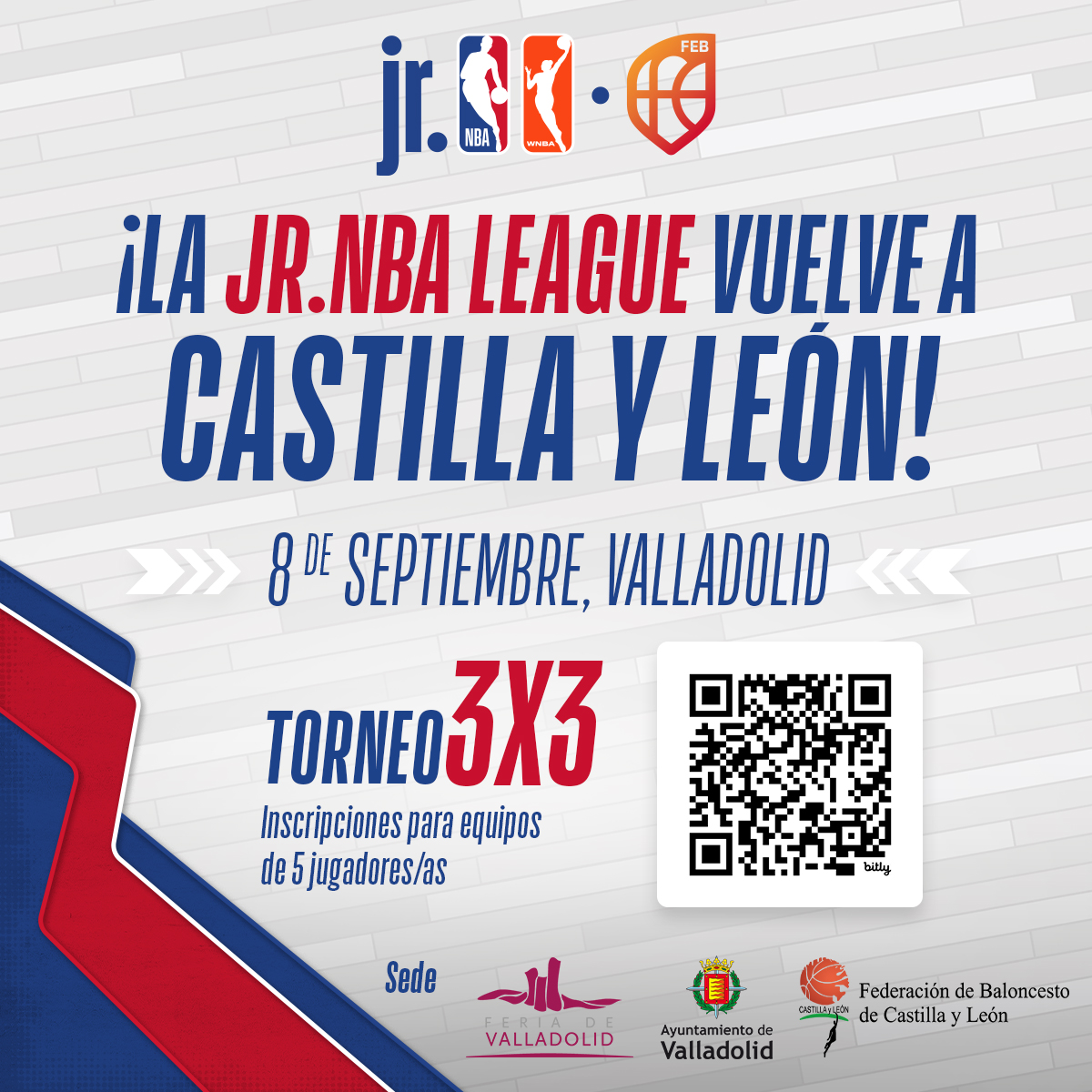 FBCyL's tweet photo. La https://t.co/jkKWNz6Ovy League vuelve a Castilla y León.
El torneo se celebrará en la Feria de Valladolid el 8 de septiembre y cambiará su formato a la modalidad de 3x3.
@BaloncestoESP @jrnba 
@feriavalladolid @AyuntamientoVLL 
https://t.co/ZH7q6WuW4m https://t.co/7N77Jyy9rC
