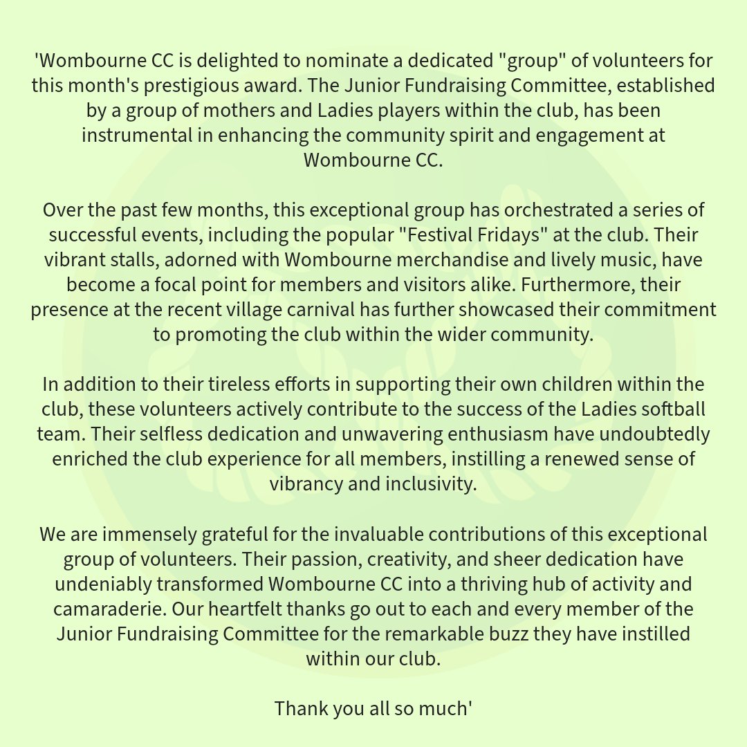 🏆July Volunteer Award 🏆

⭐ Wombourne CC Junior Fundraising Committee ( Bernie, Vicky, Emma &amp; Rachel)⭐

This month we are having one big Volunteer Award and it's going to a fabulous group of ladies.

👏Congratulations and a big 'thank you'

#WeMakeCricket
<a href="/WombourneC/">Wombourne Cricket</a>