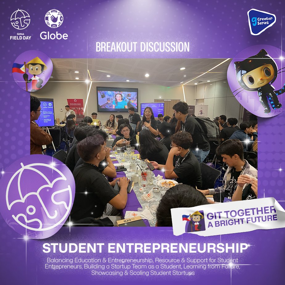 GHFieldDayPH's tweet photo. Our last breakout discussion of GitHub Field Day Philippines 2024 delved into student entrepreneurship, covering essential topics like balancing education and entrepreneurship, resources and support for student entrepreneurs, building a startup team as a student, https://t.co/UhDzoMfkjP
