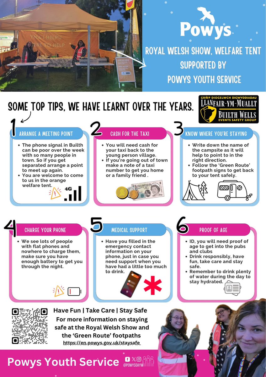 Getting ready to go to the Royal Welsh? 

Members of the youth service will be there in our orange welfare tent. Look out for us if you need any support.  

Over the years we have put a few ideas together,  as they are little things that can come up each year. ⬇️ #BWESG