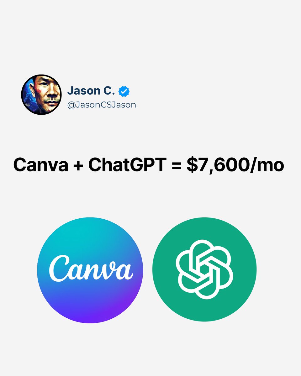 JasonCSJason's tweet photo. You can make $7,600 a month with Canva and ChatGPT.

Here's how for free: https://t.co/nFpxld1K6l