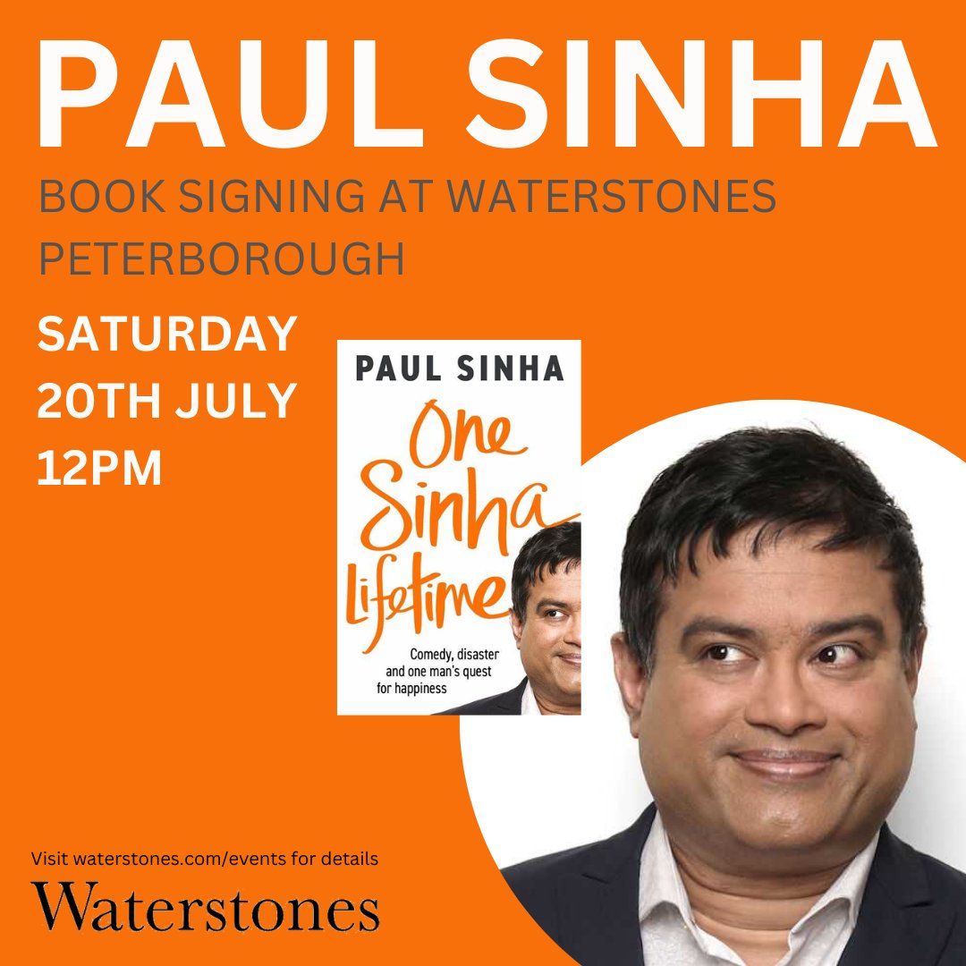 In Peterborough today? Comedian and Chaser, Paul Sinha is at Waterstones this lunchtime signing his new book, One Sinha Lifetime. Come and say hello.
@paulybengali <a href="/WaterstonesPB/">Waterstones Peterborough 📚</a> <a href="/peterboroughtel/">Peterborough Telegraph</a> <a href="/MomentMag/">The Moment Magazine Peterborough</a> <a href="/PboroWhatsOn/">PeterboroughWhatsOn</a> <a href="/PboroWhatsOn/">PeterboroughWhatsOn</a>