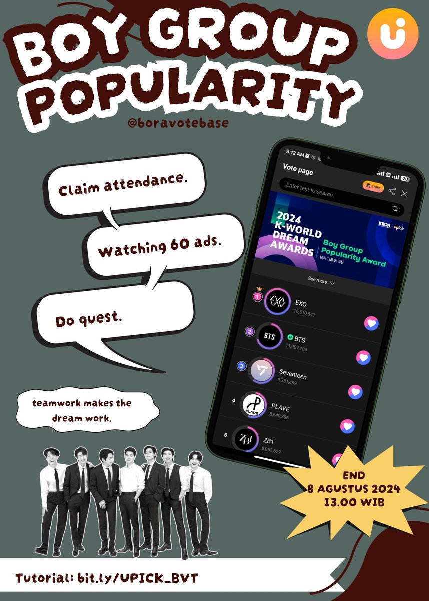 Armyyy, sebar poster ini di semua sosmed yang kalian punya agar menjangkau lebih banyak army untuk berpartisipasi dalam vote. Semangat, Army! 

TEAMWORK MAKES THE DREAM WORK!

Tutorial:
bit.ly/FNS_BVT
bit.ly/UPICK_BVT
