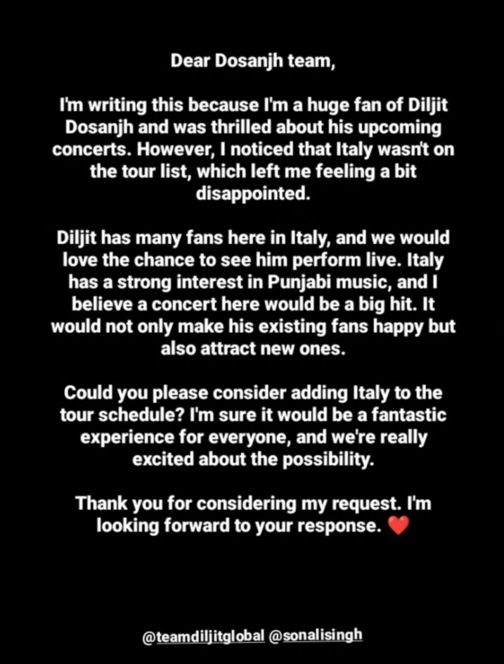 DiljitGirl's tweet photo. @diljitdosanjh please do something, i really want to see you performing live, it's my biggest dream 🥺 
The thing that Italy isn't in the tour list , left me bit  disappointed ☹️ 
I hope you consider adding it in the list too , i sincerely request you ❤️ https://t.co/EGf4smzXnK