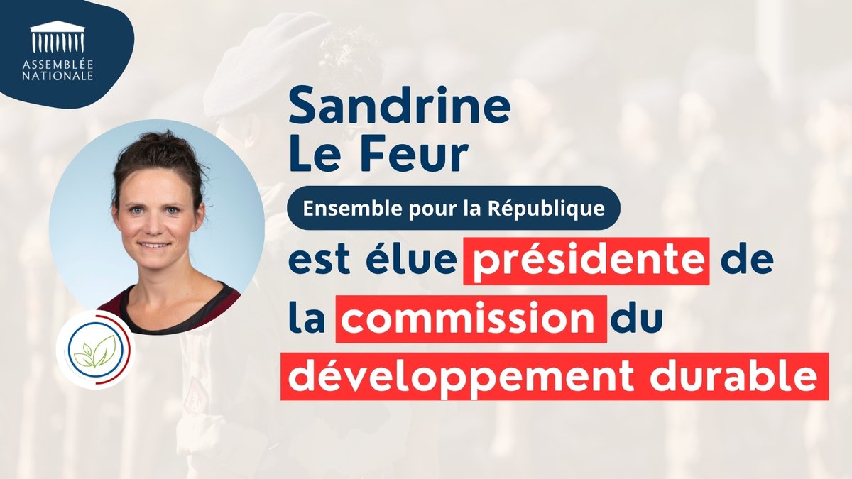 Assemblée nationale (@assembleenat) on Twitter photo 📣 Sandrine Le Feur (<a href="/SandrineLeFeur/">Sandrine Le Feur</a>), membre du groupe "Ensemble pour la République", est élue présidente de la commission du développement durable et de l'aménagement du territoire.
#DirectAN 📣 Sandrine Le Feur (<a href="/SandrineLeFeur/">Sandrine Le Feur</a>), membre du groupe "Ensemble pour la République", est élue présidente de la commission du développement durable et de l'aménagement du territoire.
#DirectAN