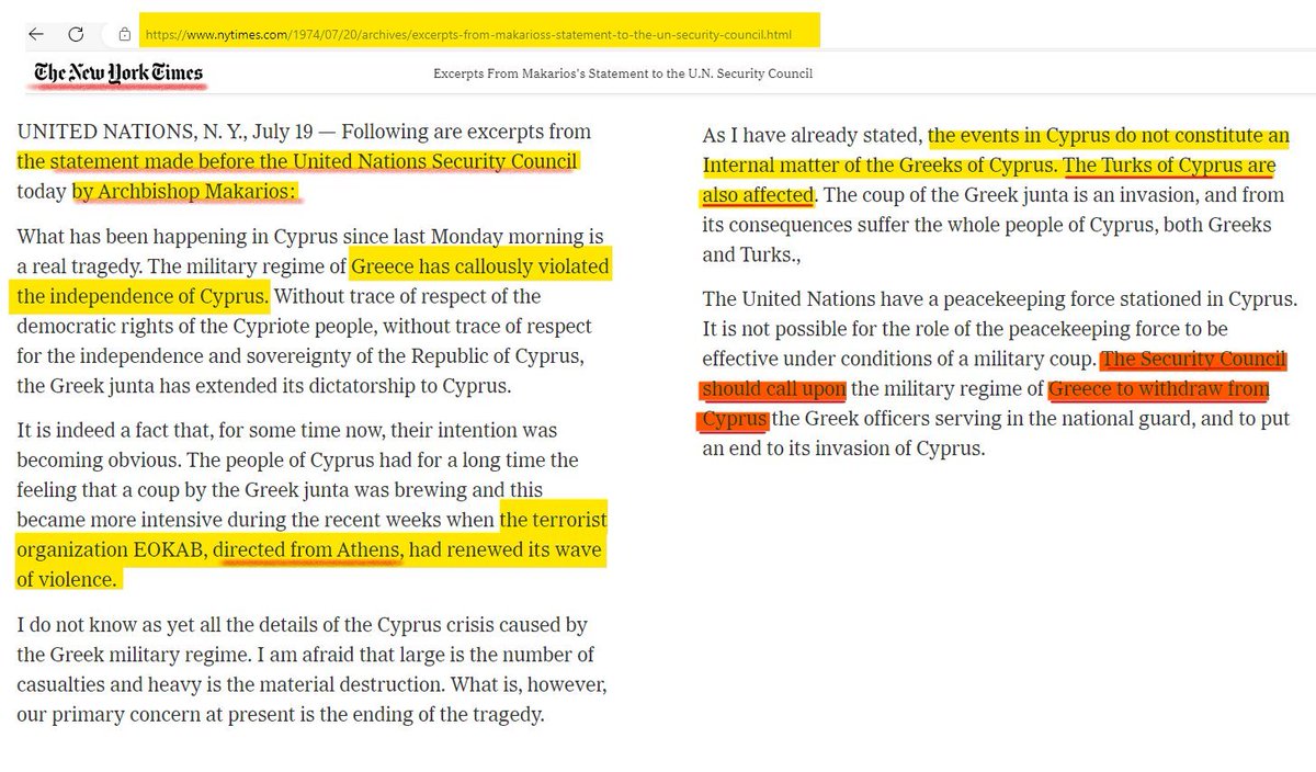 1akce's tweet photo. Attn. @CommunityNotes 
According to 👉UNSC Resolution 353, it is Greece who occupied Cyprus. 
By referring to Makarios' letter of 2 July 1974, UNSC demands Greece to withdraw from Cyprus.     
Turkish Peace Forces are  in Cyprus "under the authority of international agreements"👇 https://t.co/wttO7Xnf7D
