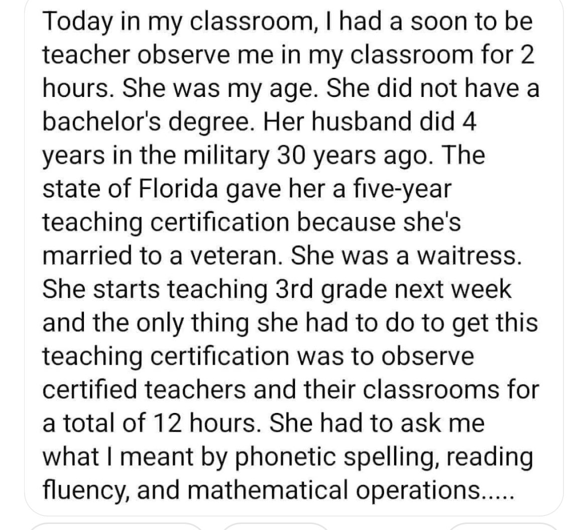TrumpluvsObama's tweet photo. DeSantis has caused a dearth of educators so👇🤷‍♂️ https://t.co/fvMVYhcdHA