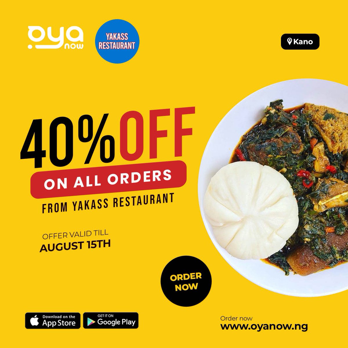 Oyanowng's tweet photo. Enjoy up to 40% off on ALL orders from @yakass &amp; dalal restaurant. Don’t miss out on this deal, Place an order on the OyaNow app or webap at https://t.co/uH4lqLSqlC.
.

 #freedelivery Kano Protest kuda Arrest Kelly dangote Reno Beads Movie soundman EP #Accessreferandwin Ayo Maff https://t.co/HPnR5oSPi7