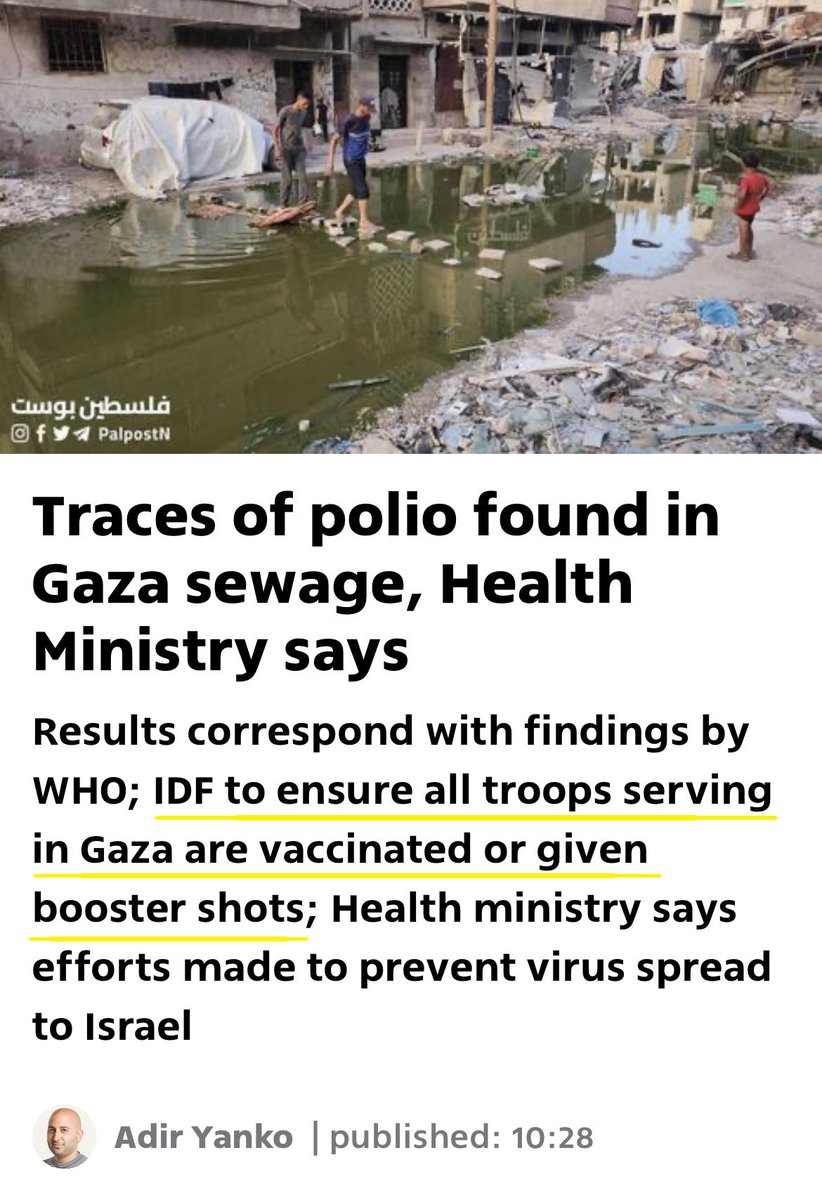 NateB_Panic's tweet image. After reintroducing polio in Gaza after it had been eradicated, the Israeli military is now rolling out a polio vaccine booster programme. But not for Gazans. For the soldiers killing Gazans. This is exactly what colonial extermination looks like