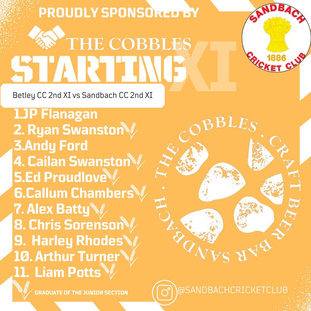 How the Bach lineup today! The 1st XI are at home to <a href="/CheadleCCStaffs/">Cheadle CC Staffs</a> 2nd XI! The bar is open, come down and enjoy your Saturday afternoon! Thank you to the Cobbles for their continued support! 🌾