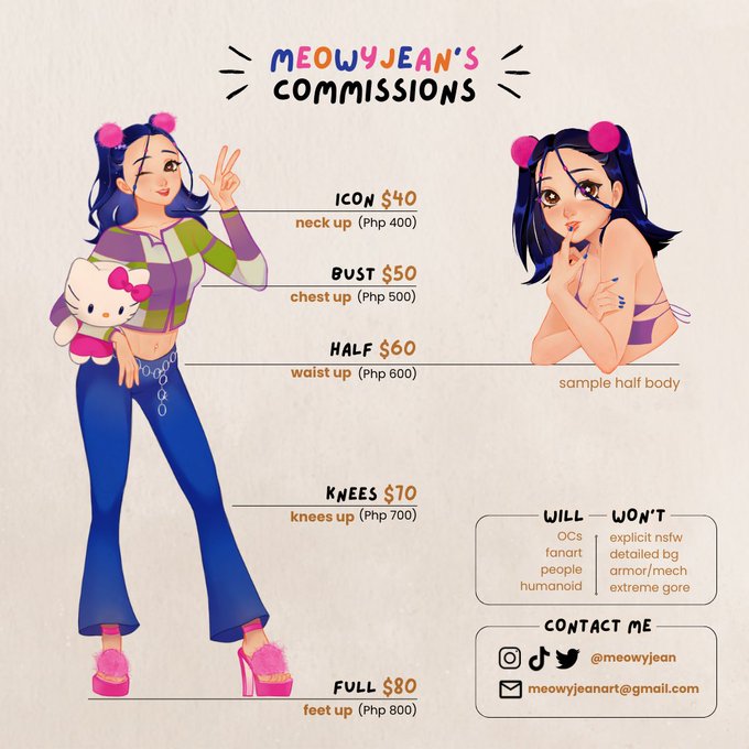 ᯓ★COMMISSIONS OPEN!!

finally reopening commissions again! ദ്ദി(˵ •̀ ᴗ - ˵ ) ✧

☆ DM @meowyjean (twt, ig, tt)
☆ email meowyjeanart@gmail.com

carrd: https://t.co/ws1Ul9v8ht
tip jar: https://t.co/NKwKGji83Y

rt's are highly appreciated <3
#commissionsopen #artph 