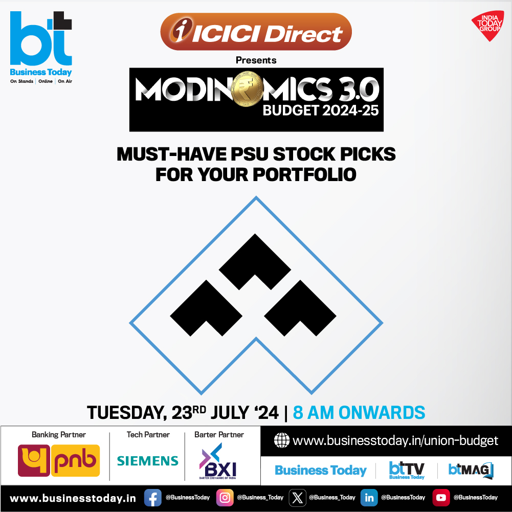 business_today's tweet photo. 💰💲#Modinomics 3.0 - #BudgetWithBT | With #Budget2024 just around the corner, #BTMultiverse is all set to unveil top #investment strategies. Discover the best railway and #PSU stock picks, along with hidden gems to invest in this #budget season. Tune in for insightful discussions with experts, analysts, and policymakers on how the upcoming budget presentation by Finance Minister #NirmalaSitharaman (@nsitharaman) will impact the #StockMarket, economy, and various sectors.

➡️Tune in to #BTTV with the biggest names in business journalism - @rahulkanwal, @TheSouravM, @szarabi, @sakshibatra18, and @shail_bhatnagar - and be part of the conversation that could shape the future of our #economy.    

🗓️ July 23   
🕗 8 AM onwards      

Track #UnionBudget updates with your Go-To Budget Buddy: https://t.co/v7t3r7wl1W             

Follow BTTV for more 👉 https://t.co/cDtiG0j6Tk    

@ICICI_Direct @pnbindia @bximarketplace @Siemens