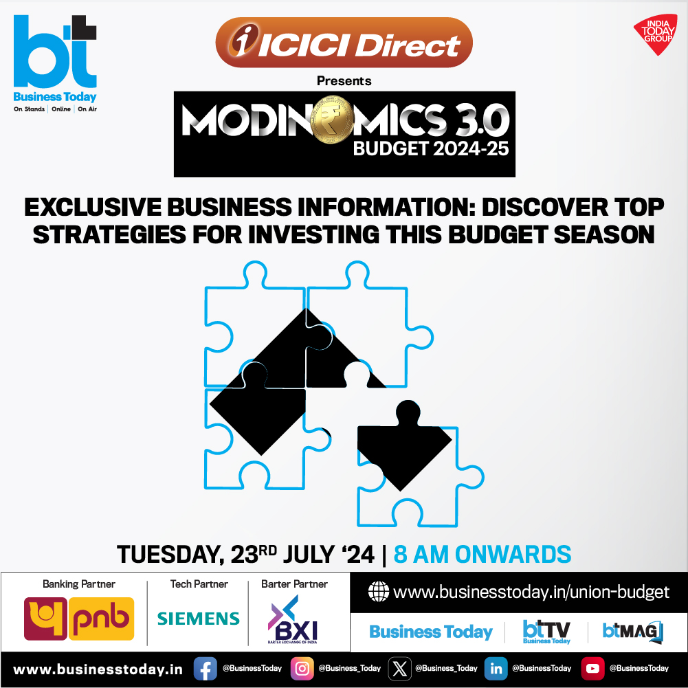 business_today's tweet photo. 💰💲#Modinomics 3.0 - #BudgetWithBT | With #Budget2024 just around the corner, #BTMultiverse is all set to unveil top #investment strategies. Discover the best railway and #PSU stock picks, along with hidden gems to invest in this #budget season. Tune in for insightful discussions with experts, analysts, and policymakers on how the upcoming budget presentation by Finance Minister #NirmalaSitharaman (@nsitharaman) will impact the #StockMarket, economy, and various sectors.

➡️Tune in to #BTTV with the biggest names in business journalism - @rahulkanwal, @TheSouravM, @szarabi, @sakshibatra18, and @shail_bhatnagar - and be part of the conversation that could shape the future of our #economy.    

🗓️ July 23   
🕗 8 AM onwards      

Track #UnionBudget updates with your Go-To Budget Buddy: https://t.co/v7t3r7wl1W             

Follow BTTV for more 👉 https://t.co/cDtiG0j6Tk    

@ICICI_Direct @pnbindia @bximarketplace @Siemens