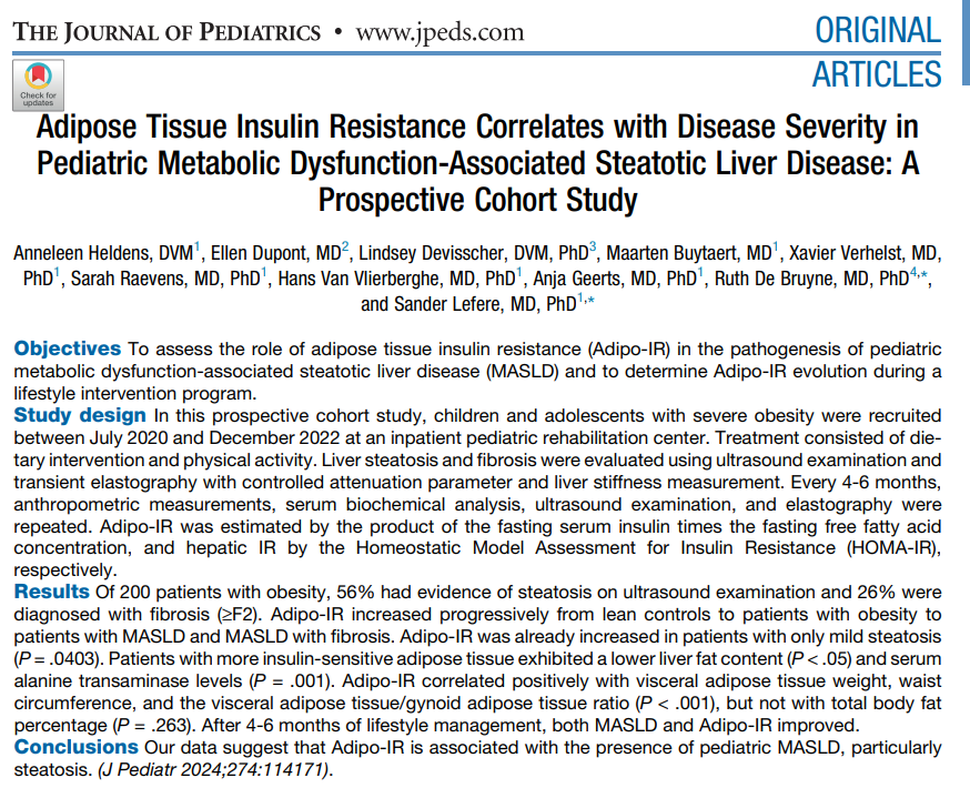 LefereSander's tweet photo. New study on pediatric #MASLD from #LiverGhent 
👉Adipose tissue IR occurs early in steatosis
👉Children with obesity but low adipose tissue IR had lower CAP and ALT 
👉Pediatric MASLD correlates with visceral AT weight but not total body fat
https://t.co/J51C9g3kFJ #livertwitter https://t.co/ytK0cJRpwt