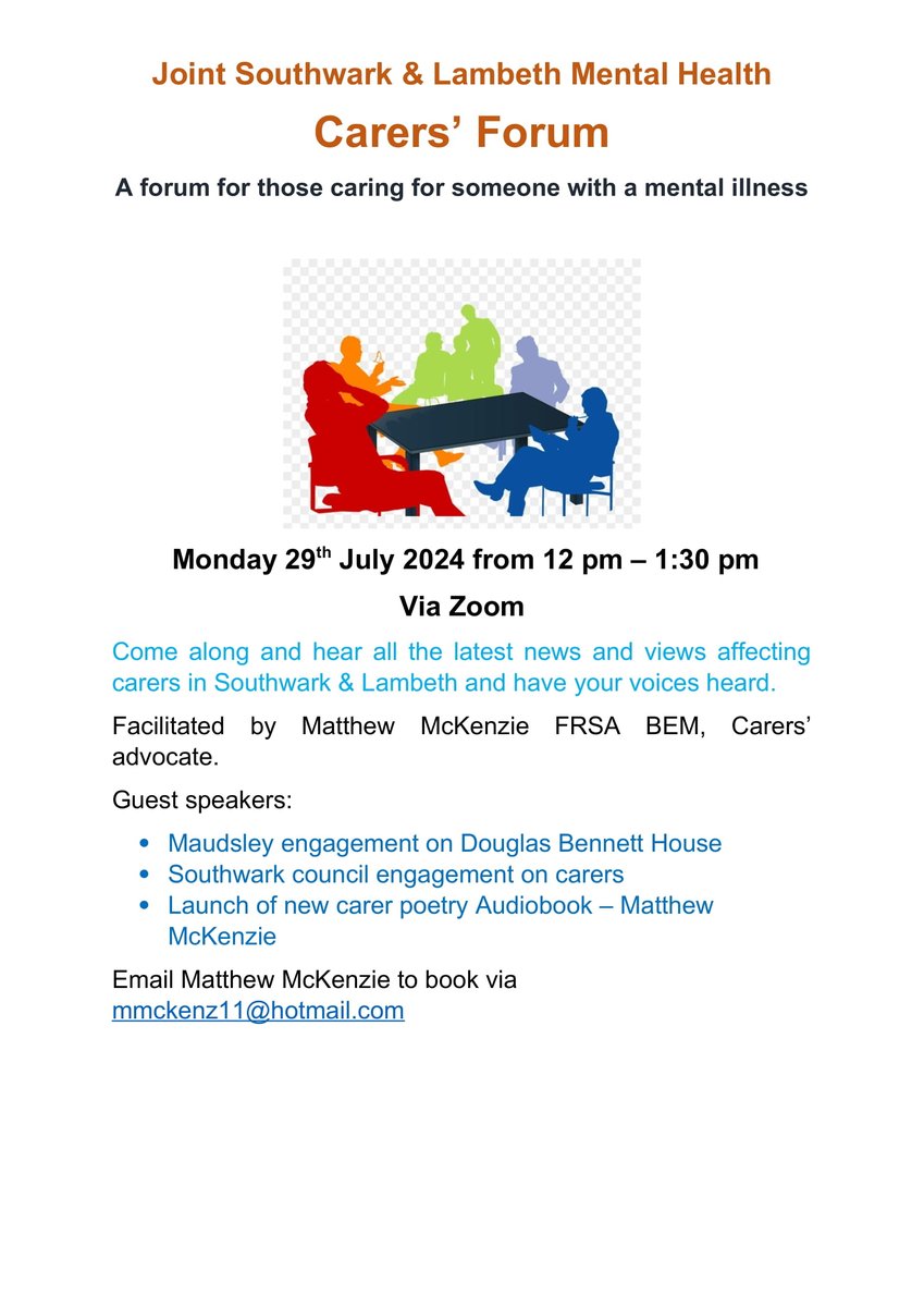 matthew mckenzie FRSA BEM (@mmckenz11) on Twitter photo Our joint #Southwark and #Lambeth mental health carers group is on for July. See poster for details. <a href="/HWLambeth/">Healthwatch Lambeth</a> <a href="/HWSouthwark/">Healthwatch Southwark</a> <a href="/CarersHub/">Carers' Hub Lambeth</a> <a href="/MaudsleyNHS/">NHS Maudsley</a> <a href="/lb_southwark/">Southwark Council</a> <a href="/lambeth_council/">Lambeth Council</a> <a href="/DebbieHustings/">#Hellomynameis Debbie (she/her)</a> @Kate_Ross_1 <a href="/JoMant2/">Jo Mant</a> <a href="/gabrielleotslam/">gabrielle richards 💙 MBE</a> Our joint #Southwark and #Lambeth mental health carers group is on for July. See poster for details. <a href="/HWLambeth/">Healthwatch Lambeth</a> <a href="/HWSouthwark/">Healthwatch Southwark</a> <a href="/CarersHub/">Carers' Hub Lambeth</a> <a href="/MaudsleyNHS/">NHS Maudsley</a> <a href="/lb_southwark/">Southwark Council</a> <a href="/lambeth_council/">Lambeth Council</a> <a href="/DebbieHustings/">#Hellomynameis Debbie (she/her)</a> @Kate_Ross_1 <a href="/JoMant2/">Jo Mant</a> <a href="/gabrielleotslam/">gabrielle richards 💙 MBE</a>