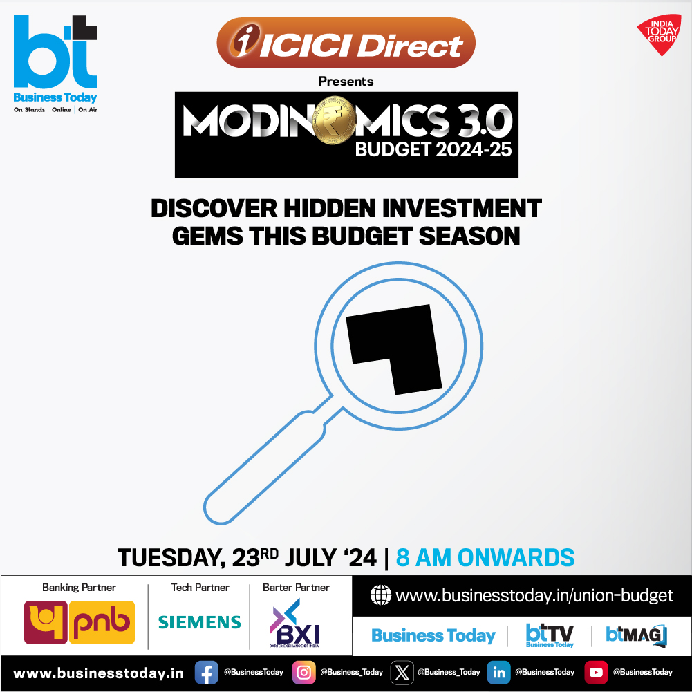 business_today's tweet photo. 💰💲#Modinomics 3.0 - #BudgetWithBT | With #Budget2024 just around the corner, #BTMultiverse is all set to unveil top #investment strategies. Discover the best railway and #PSU stock picks, along with hidden gems to invest in this #budget season. Tune in for insightful discussions with experts, analysts, and policymakers on how the upcoming budget presentation by Finance Minister #NirmalaSitharaman (@nsitharaman) will impact the #StockMarket, economy, and various sectors.

➡️Tune in to #BTTV with the biggest names in business journalism - @rahulkanwal, @TheSouravM, @szarabi, @sakshibatra18, and @shail_bhatnagar - and be part of the conversation that could shape the future of our #economy.    

🗓️ July 23   
🕗 8 AM onwards      

Track #UnionBudget updates with your Go-To Budget Buddy: https://t.co/v7t3r7wl1W             

Follow BTTV for more 👉 https://t.co/cDtiG0j6Tk    

@ICICI_Direct @pnbindia @bximarketplace @Siemens