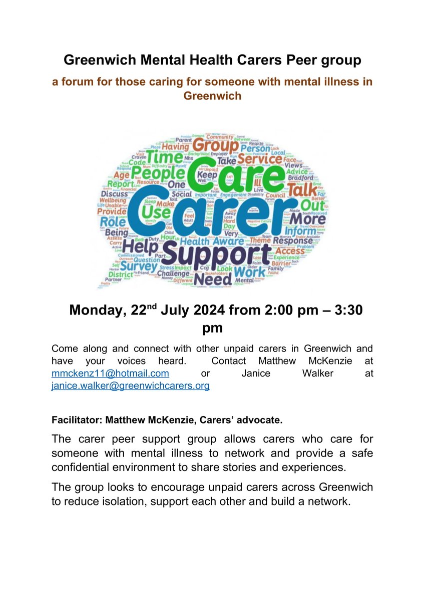 matthew mckenzie FRSA BEM (@mmckenz11) on Twitter photo Its important those caring for someone with mental illness have a chance to be heard and connect. Our #Greenwich mental health #carer peer group is on for monday. <a href="/OxleasNHS/">Oxleas NHS</a> <a href="/hwgreenwich/">Healthwatch Greenwich</a> <a href="/LG_NHS/">Lewisham and Greenwich NHS Trust</a> <a href="/JoMant2/">Jo Mant</a> <a href="/Royal_Greenwich/">Royal Borough of Greenwich</a> <a href="/greenwichcarers/">Greenwich Carers</a> Its important those caring for someone with mental illness have a chance to be heard and connect. Our #Greenwich mental health #carer peer group is on for monday. <a href="/OxleasNHS/">Oxleas NHS</a> <a href="/hwgreenwich/">Healthwatch Greenwich</a> <a href="/LG_NHS/">Lewisham and Greenwich NHS Trust</a> <a href="/JoMant2/">Jo Mant</a> <a href="/Royal_Greenwich/">Royal Borough of Greenwich</a> <a href="/greenwichcarers/">Greenwich Carers</a>