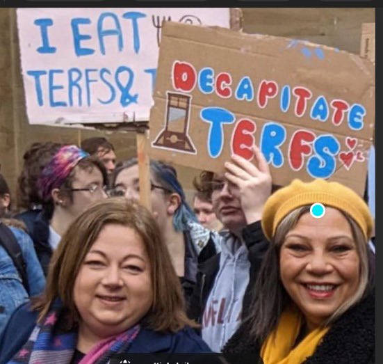 DalgetySusan's tweet photo. 🧵There are many questions about the case of Cameron Allan, found guilty this week of a horrendous rape and murder, including whether he is the man holding ‘Decapitate Terfs’ placard beside SNP Equalities Minister Kaukab Stewart while under suspicion of murder https://t.co/LSYuE8TTOt