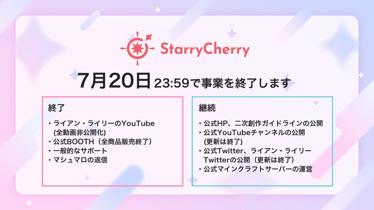 starrycherry_v's tweet photo. 【本日最終日】

StarryCherryは本日23:59で事業を終了します。

・公式BOOTHで販売されているすべての商品の販売
・ライアン・ライリーのYouTube動画の視聴
・マシュマロやお問い合わせへの返答

は本日以降終了いたします。 https://t.co/v9yHvxkyyq