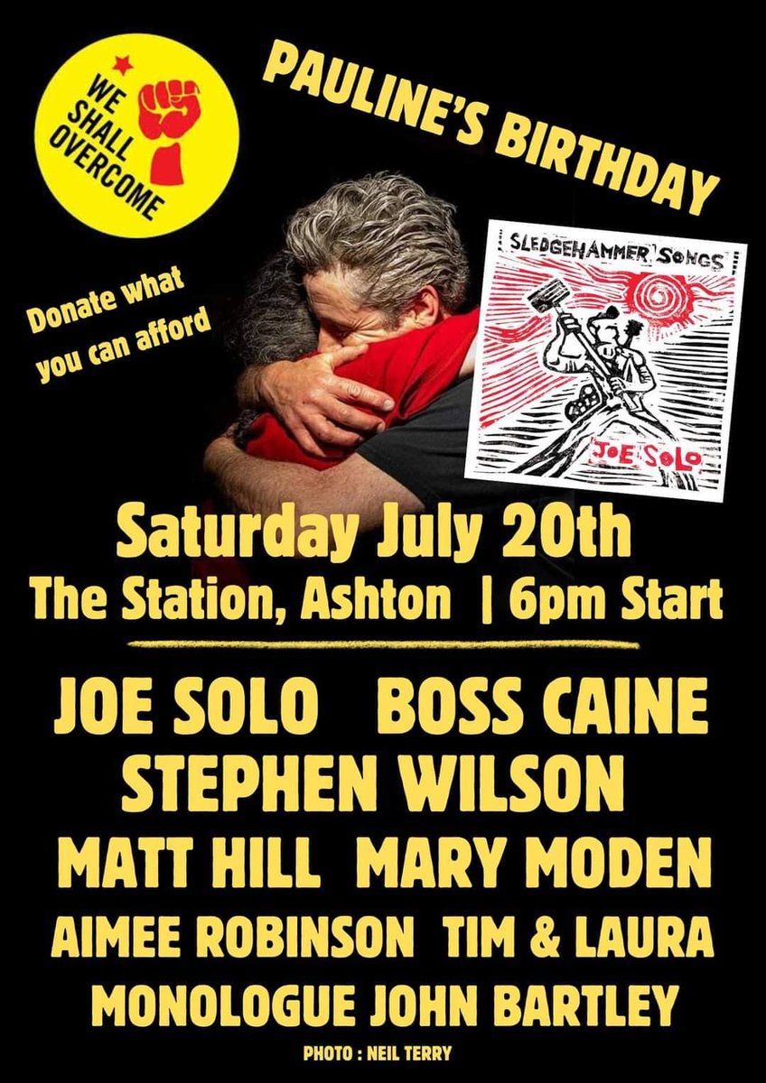 WeShallWeekend's tweet photo. #AshtonUnderLyne today! It's Pauline's birthday bash and a wonderful line up. It's also the last date of @joesolomusic 's #SledgehammerSongs tour.
With @quietloner too and other topnotch humans x
#wso2024
##raisedfist #helpinghand https://t.co/Quvmd7WL4a