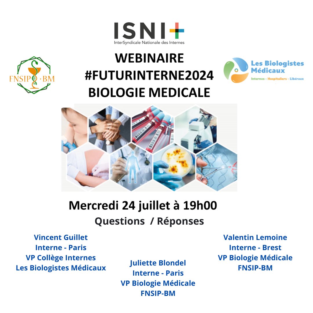 On se retrouve mercredi soir à 19h pour un live d'information sur l'internat de Biologie Médicale, en partenariat entre la FNSIP-BM et Les Biologistes Médicaux.
Venez poser vos questions à des internes en biologie médicale engagés!
Lien de l'évènement : facebook.com/events/s/biolo…