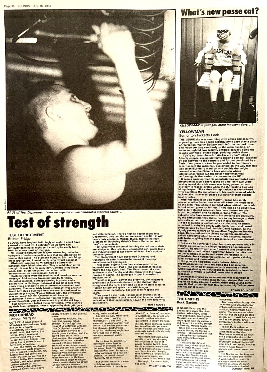 ZoundsAbound's tweet photo. Live reviews of #Juluka @myMotorhead #TestDepartment #Yellowman #XMalDeutschland & #Blitz #Samson #Shockabilly @Smiths_Official & @Icehouseband
Sounds Jul 16th 1983 https://t.co/eG21CS7lN8