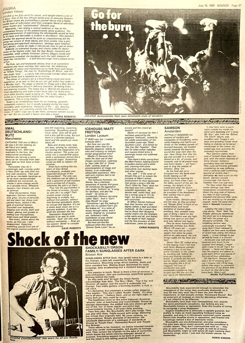 ZoundsAbound's tweet photo. Live reviews of #Juluka @myMotorhead #TestDepartment #Yellowman #XMalDeutschland & #Blitz #Samson #Shockabilly @Smiths_Official & @Icehouseband
Sounds Jul 16th 1983 https://t.co/eG21CS7lN8