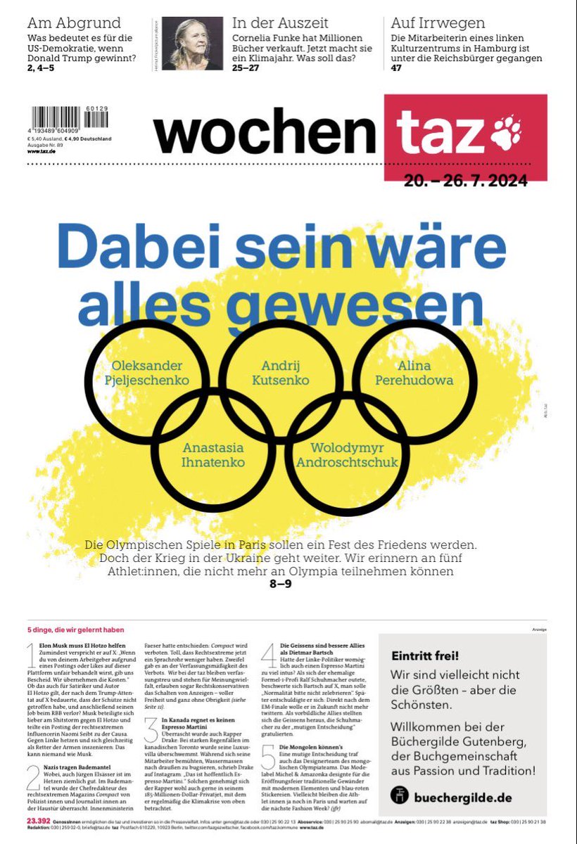 Jan Pfaff (@jan_pfaff) on Twitter photo Am Freitag beginnen die Olympischen Spiele. Wir erinnern in der neuen <a href="/wochentaz/">wochentaz</a> an fünf ukrainische Athlet:innen, die in Paris nicht mehr teilnehmen können, weil sie - wie so viele Sportler:innen - im russischen Angriffskrieg getötet wurden. Eine Titelgeschichte vom <a href="/a_magazova/">Anastasia Rodi (exMagazova) 🌻</a> Am Freitag beginnen die Olympischen Spiele. Wir erinnern in der neuen <a href="/wochentaz/">wochentaz</a> an fünf ukrainische Athlet:innen, die in Paris nicht mehr teilnehmen können, weil sie - wie so viele Sportler:innen - im russischen Angriffskrieg getötet wurden. Eine Titelgeschichte vom <a href="/a_magazova/">Anastasia Rodi (exMagazova) 🌻</a>