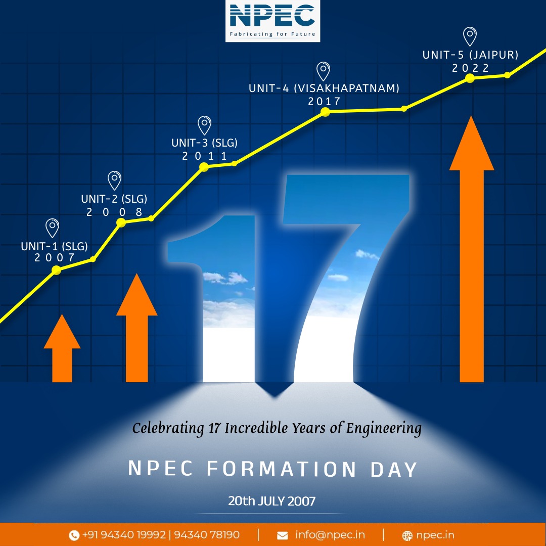 npecindia's tweet photo. Celebrating 17 Years of Engineering Excellence! 
From our humble beginnings in 2007 to expanding across multiple units in Siliguri, Visakhapatnam, and Jaipur, NPEC has been fabricating the future with innovation and dedication. Happy NPEC Formation Day! 
#NPEC #17YearsAnniversary https://t.co/IGXrEbzrFH