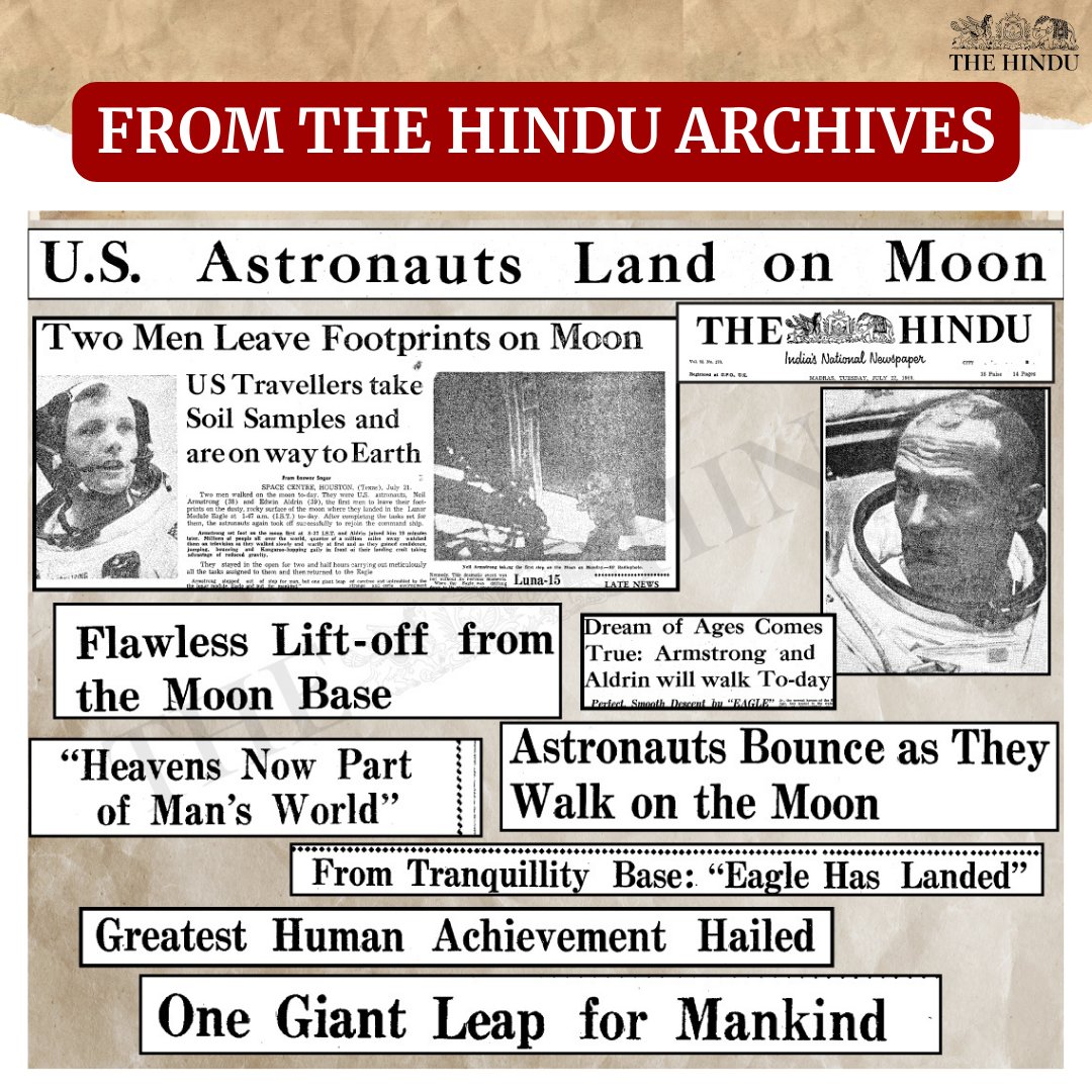the_hindu's tweet photo. From The Hindu Archives | In July 1969, #Apollo11 astronauts #NeilArmstrong and his crew completed humanity’s first #moonlanding. On its 55th anniversary, we bring you snippets from our coverage. 

Comment below if you want more stories from The Hindu's archives https://t.co/Vmhu3kn6PA