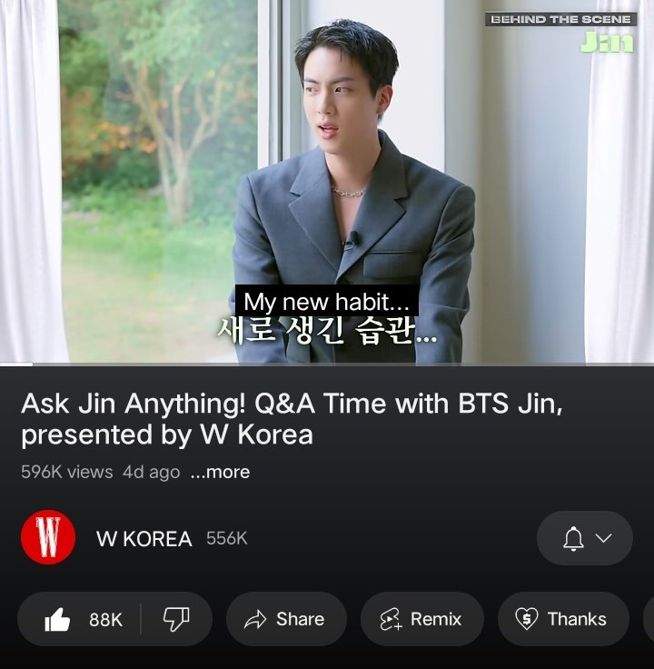 theJINPRlNT's tweet image. &apos;Ask Jin Anything! Q&amp;amp;A Time with BTS #JIN&apos; presented by W Korea is now close to reach 600k views on YouTube. 

Watch, like, comment, and share if you haven&apos;t yet.

youtu.be/d7JIqFUPYjg?si…

JIN FOR W KOREA MAGAZINE
#JinxWKorea